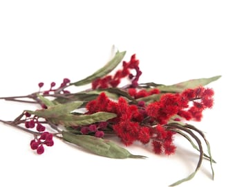 深紅のミモザの花の短い茎3本 - 人工ベリー、ベリーの茎 - 商品番号