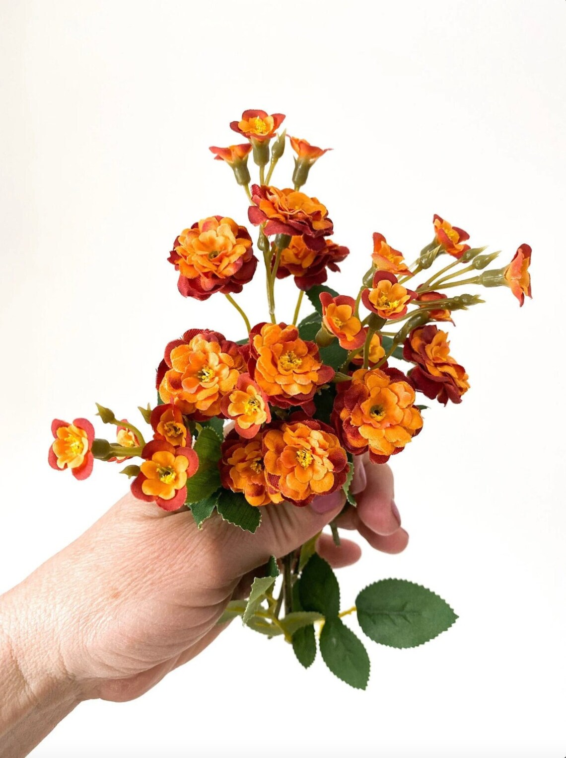 Primroses - 6 Short Stems Artificial Pompon Roses in Harvest Orange ...