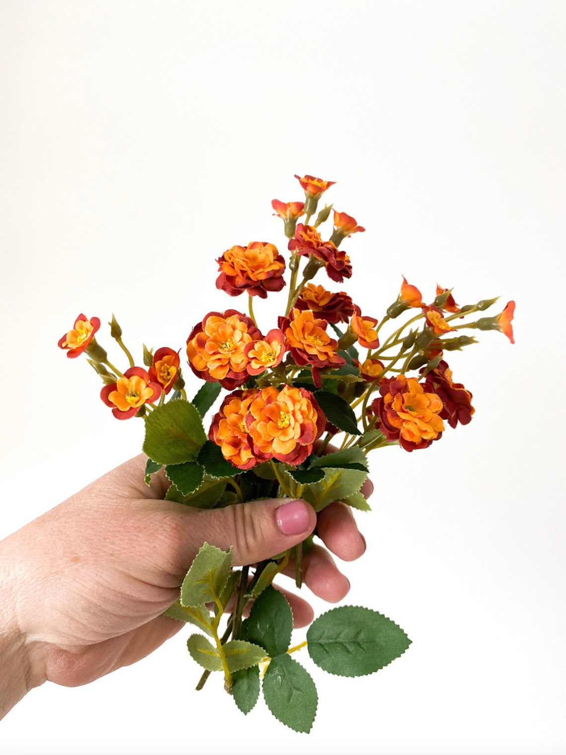 Primroses - 6 Short Stems Artificial Pompon Roses in Harvest Orange ...