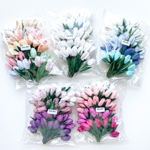50 petites tulipes fleurs en papier de mûrier avec des feuilles sur des tiges métalliques - COULEUR AU CHOIX - Fleurs en papier - Petites tulipes en papier
