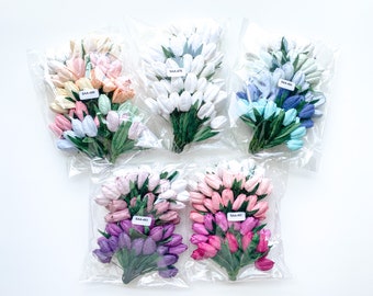 50 petites tulipes fleurs en papier de mûrier avec des feuilles sur des tiges métalliques - COULEUR AU CHOIX - Fleurs en papier - Petites tulipes en papier