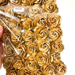 May include: A bag of 40 small, paper, brown roses. The roses are approximately 1 inch in diameter. The bag has a label that reads "WLD-001".