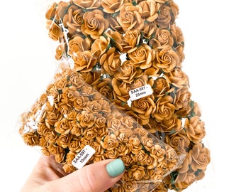 100 Open Rose Mulberry Paper Flowers in Mustard - 10-25mm- CHO0SE SIZE - Paper Roses - Mustard Roses, Yellow Roses, Mustard Paper Roses