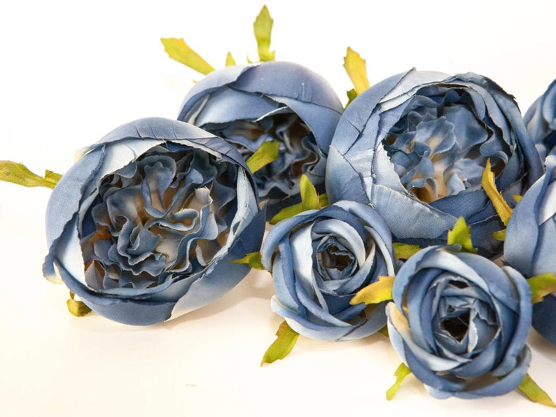 Set of 9 Small to Large Cabbage Roses in Blue and Cream - Artificial ...
