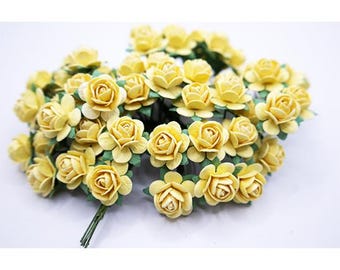Pale Yellow Open Rose Mulberry Paper Flowers - CHO0SE QTY & SIZE