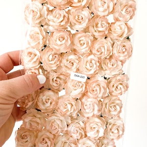 Puede incluir: Un paquete de 50 pequeñas rosas de papel rosa pálido. Las rosas están dispuestas en una cuadrícula y tienen un acabado ligeramente texturizado. El paquete está etiquetado con "SAA-225".
