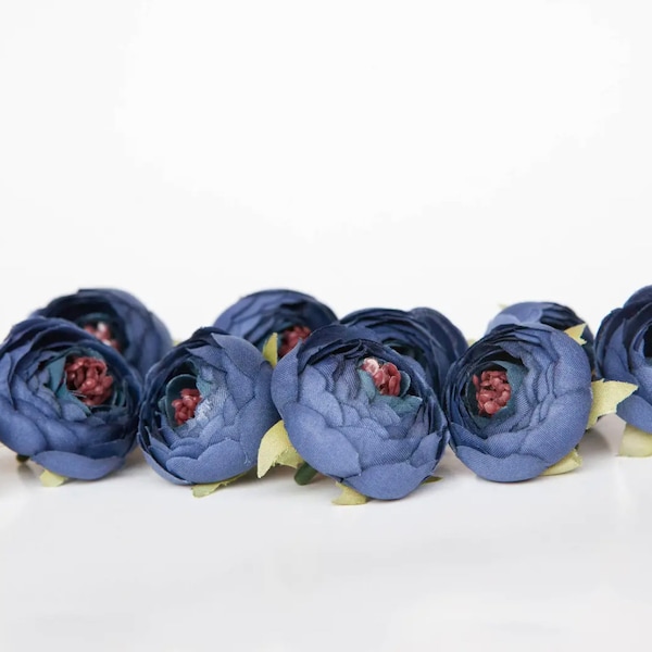 10 Small Ranunculus in Dark Blue - silk artificial flower - ITEM 01178