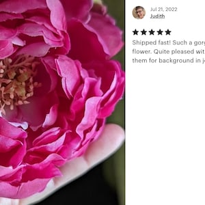 Peut inclure: Une grande fleur de pivoine en soie rose vif. La fleur a une texture d&eacute;licate et en couches et un centre pro&eacute;minent avec un groupe d'&eacute;tamines jaunes.
