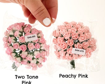 40 Tiny Hip Rosebud Paper Flowers in Pink Tones - CHOOSE COLOR - Tiny Rose Bouquet - Miniature Pink Paper Roses, Miniature Peach Paper Roses
