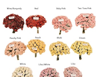40 Tiny Hip Rosebud Paper Flowers Solid- CHOOSE COLOR - Tiny Rose Bouquet - Pink, Peach, Red, White ect....