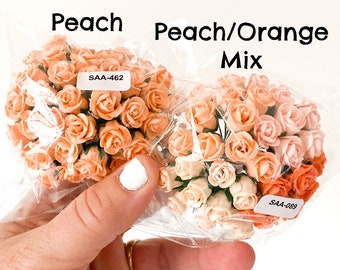 40 Tiny Hip Rosebud Paper Flowers in Peach Tones - CHOOSE COLOR - Tiny Rose Bouquet - Miniature Peach Paper Roses 1/12 Scale