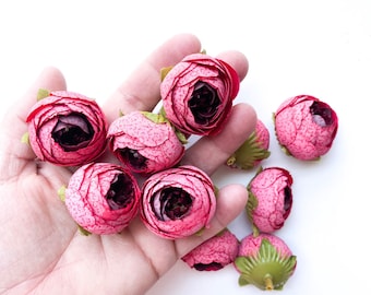 10 Small Vintage Inspired Ranunculus in Red - artificial flower, fake flowers, craft - ITEM 1771