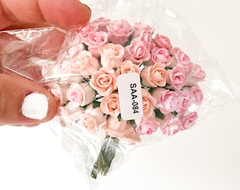 40 Tiny Hip Rosebud Paper Flowers in Pink Tones Mix - Tiny Pink Rose Bouquet - Miniature Dollhouse Pink Paper Roses 1/12 Scale Tiny Roses