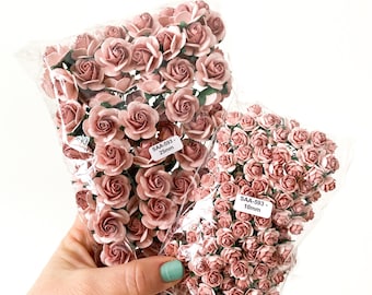 100 Open Rose Mulberry Paper Flowers in Pink Mauve - 10-25mm- CHO0SE SIZE - Paper Roses - Pink Open Roses, Roses, Mauve paper flower