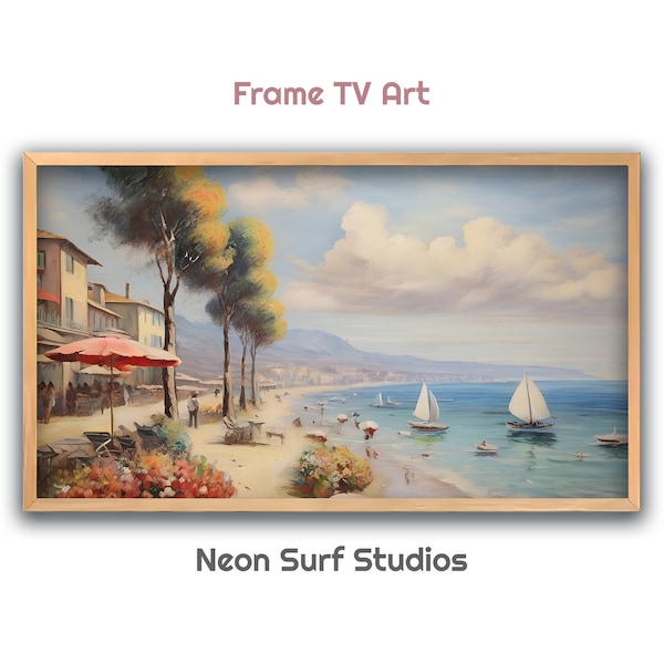 Framed Italian Beach Scene Inspired by Monet, Samsung TV Art, 4k High Resolution Image,  Home Decor