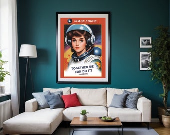 Retro weiblicher Digitaldruck, Astronaut der Weltraummacht, Vintage-Weltraum, interstellare Vibes, Astronautenkunst, kosmische Königin, Weltraumforschung