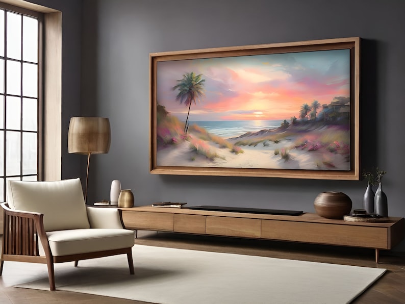 Frame TV Digital Art: Serene Pink Beach Sunset Monet-inspired ...