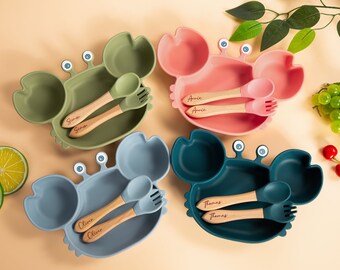 Ensemble de couverts en silicone personnalisés,ensemble assiette et couverts pour enfant,assiette en silicone pour bébé,couverts en bois,kit repas,cadeau baby shower,cadeau bébé