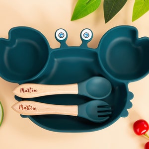 Kinderteller und Besteck, personalisierte Silikonbesteck, Baby-Silikon-Teller, Holzbesteck, Dinner Kit, Babypartygeschenk, Babygeschenk Bild 9