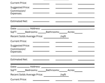Puede incluir: Un documento en blanco y negro titulado "CMA: What should I list the property for?" con secciones para completar con detalles de la propiedad, precios y cálculos. Incluye campos para dirección, metros cuadrados, dormitorios, baños y hectáreas.
