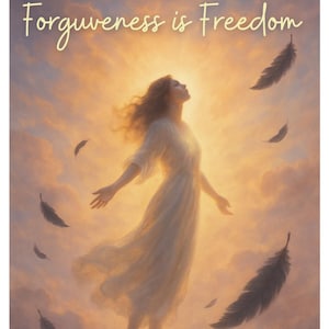 May include: A woman in a white dress floats in a cloudy sky with the text "Forgiveness is Freedom" and the artist's name "Amy Rice" at the bottom.