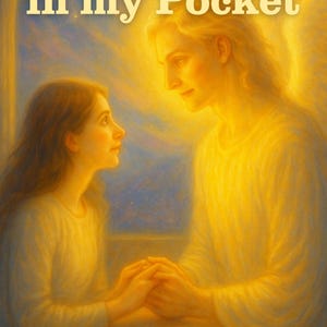 Op de afbeelding: Illustratie van de boekomslag van "The Angel in my Pocket" door Amy Rice. De afbeelding toont een vrouw en een engel in warm, goudkleurig licht, die elkaars handen vasthouden. De achtergrond heeft een zachte, hemelse uitstraling.