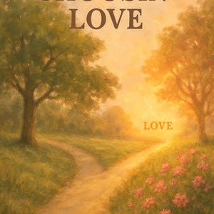 Puede incluir: Pintura de paisaje con las palabras "CHOOSIN' LOVE" y "LOVE". La imagen muestra un camino que se divide en dos, con árboles y flores. Paleta de colores cálidos.