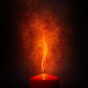 May include: A red candle with a flickering flame against a dark background with orange and red hues.