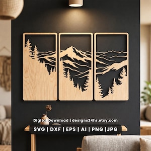 Mountain Laser Cut File, 3 Piece Wall Art SVG, Triptych Landscape Panel