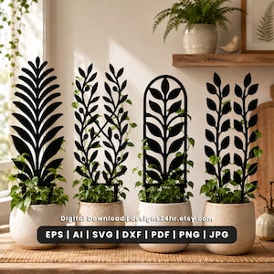 May include: Four black metal plant trellises with distinct leaf and vine patterns, each inserted into a speckled ceramic pot containing a green vining plant. The image includes the text: Digital Download | designs24hr.etsy.com | EPS | AI | SVG | DXF | PDF | PNG | JPG.