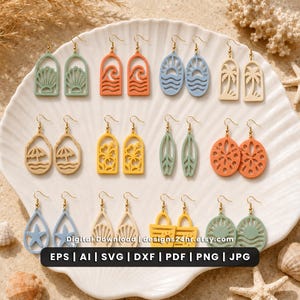 May include: A collection of twelve pairs of dangle earrings featuring various beach-themed cutouts including seashells, waves, palm trees, umbrellas, hibiscus flowers, surfboards, and starfish in pastel shades of blue, green, orange, and yellow.