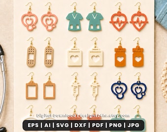 Pacote de arquivos SVG para brincos de enfermeira, arquivos de corte a laser para uso médico, estetoscópio, blusa cirúrgica, molde para brinco em acrílico.