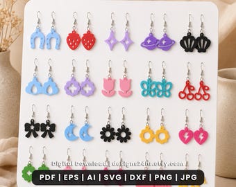 Whimsical Charm Earrings, Acrylic Earring SVG Bundle, Laser Cut Bow Heart Flower Cherry Mushroom