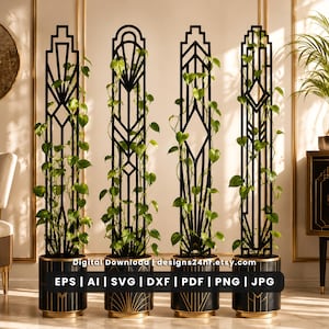 Puede incluir: Cuatro enrejados metálicos negros de diseño geométrico con plantas trepadoras verdes, cada uno en una maceta cilíndrica negra y dorada a juego. La imagen incluye el texto: Digital Download | designs24hr.etsy.com | EPS | AI | SVG | DXF | PDF | PNG | JPG.
