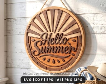 Hello Summer Round Sign SVG, Watermelon Door Hanger Laser Cut File