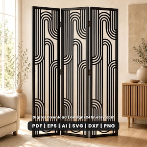 May include: A three-panel black room divider featuring a repeating geometric pattern of vertical and curved lines. The text Digital Download | designs24hr.etsy.com PDF | EPS | AI | SVG | DXF | PNG is overlaid at the bottom of the screen.