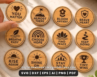 Affirmation Token SVG Bundle, Laser Cut Encouragement Coins, Pocket Reminder Digital Files