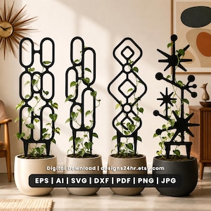Puede incluir: Cuatro enrejados negros para plantas con distintos diseños geométricos, cada uno sosteniendo una planta trepadora verde en una maceta redonda. El texto dice: Digital Download | designs24hr.etsy.com | EPS | AI | SVG | DXF | PDF | PNG | JPG.
