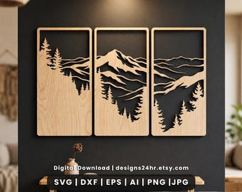 Mountain Laser Cut File, 3 Piece Wall Art SVG, Triptych Landscape Panel
