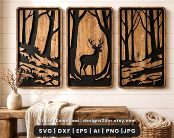 Deer Forest Triptych Wall Art SVG, Rustic Woodland Laser Cut Decor DXF (Digital Download)