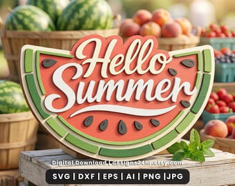 Hello Summer Watermelon SVG, Door Hanger Sign Laser Cut File, Porch Decor