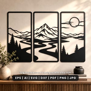 Könnte beinhalten: Ein dreiteiliges Wandkunst-Set aus schwarzem Metall mit einer durchgehenden Landschaftsdarstellung aus Bergen, einem gewundenen Fluss, Tannen und einer Sonne. Der Text Digital Download | designs24hr.etsy.com und EPS | AI | SVG | DXF | PDF | PNG | JPG ist sichtbar.