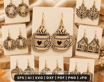 Cozy Fall Earrings SVG Bundle, 12 Autumn Laser Cut Wood Earring Files (Digital Download)