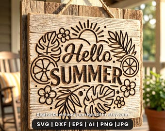 Hello Summer Porch Sign SVG, Door Hanger Laser Cut File (Digital Download)