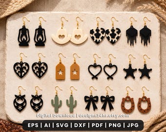 Western Earrings SVG Bundle, Laser Cut Cowgirl Boot Hat Horseshoe Files (Digital Download)