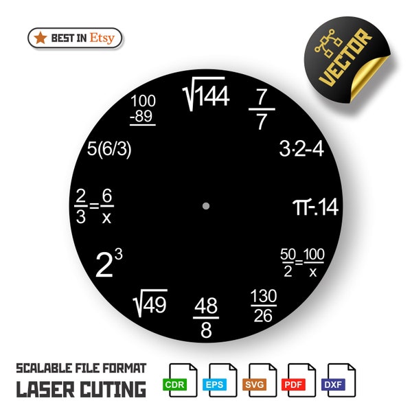 Digital Laser File| Math Clock | Math Teacher Gift | Clock CDR EPS SVG | Art Laser cutting files vector templates, clock vector files