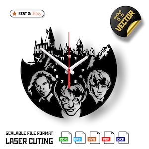 May include: Black and white silhouette of Hogwarts castle, Harry Potter, Ron Weasley, and Hermione Granger. The clock face is visible with numbers 1 through 12.  The text "BEST IN Etsy" is in the upper left corner. The text "VECTOR" is in the upper right corner.