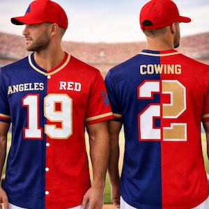 Custom Split Baseball Jersey, Personalized Team Name Number Shirt, Red Blue Button Up