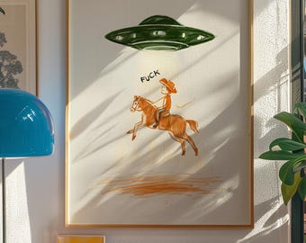 Cowboy UFO digital poster, ufo cowboys, ufo poster print, ufo alien poster, ufos aliens posters, vintage shirt alien, vintage ufo aliens art