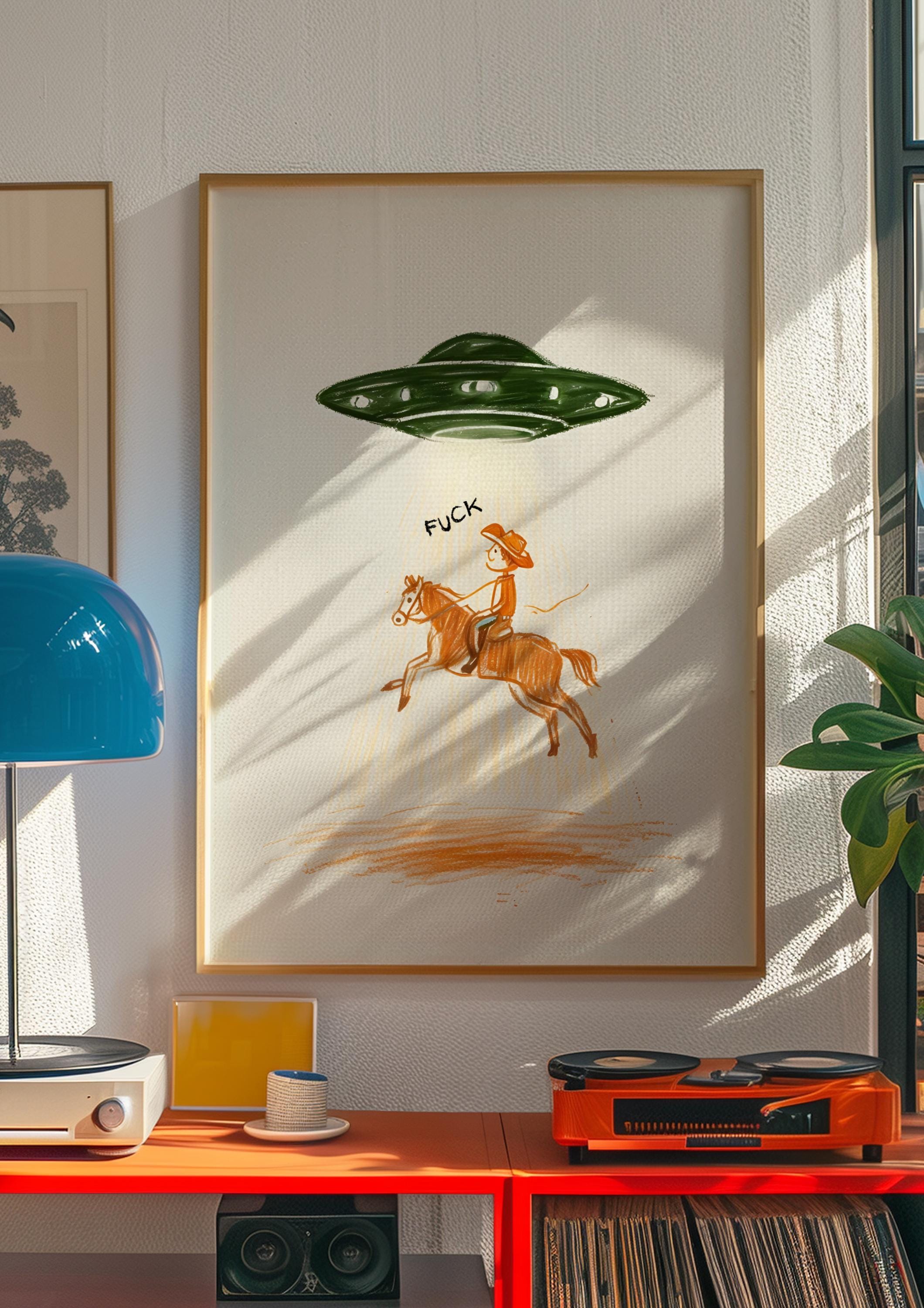 Cowboy UFO digitales Plakat, Ufo-Cowboys, Ufo-Plakatdruck, Ufo-Alien-Plakat, Ufos-Aliens-Plakate, Vintage-Shirt-Alien, Vintage-Ufo-Aliens-Kunst